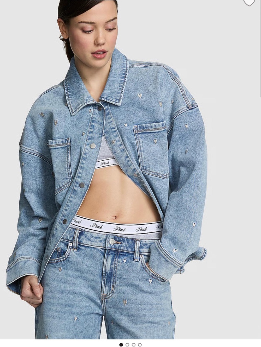 PINK Victoria's Secret Light Blue Denim Heart-Embellished Jacket